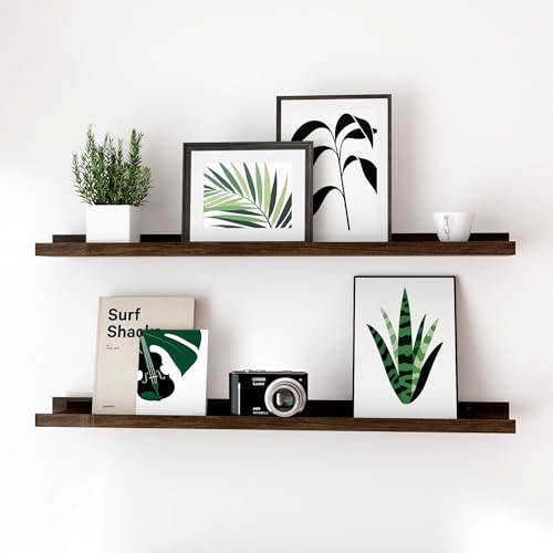 Image of Walnut Floating Shelves for Wall Decor, 24 in Shelf with Lip, 2 Set | 4.5 inch Deep Display Picture Ledge Shelf, Long Wall Mounted Storage Shelves for Bedroom, Bathroom, Living Room, Kitchen, Nursery