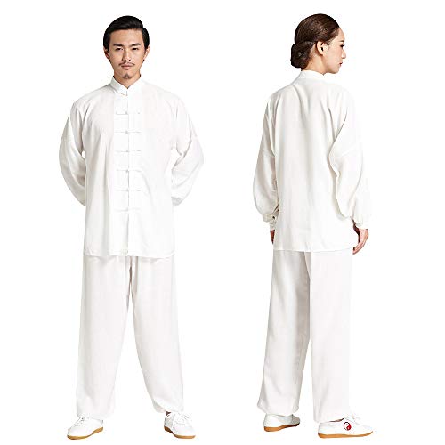 Unisex Adult Tai Chi Uniform Chinese Traditional Martial Arts Kung Fu Suit Cotton Linen Long Sleeve Tang Suit (White, L) #TOP3