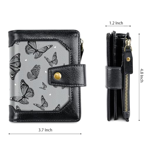 Image of Women Leather Wallet RFID Blocking Small Bifold Zipper Pocket Wallet Card Case Purse with ID Window, Black Butterfly