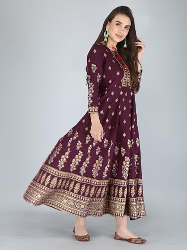 Image of Aj Art Anarkali Kurti for Women and Girls Floral Golden Print Regular Slim Fit Rayon Blue (Set of 1)