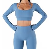 Cerlingwee Damen Stretch Yoga Sport Neckholder Langarm Crop Top Daumenloch Workout Sportswear (nur Top)(M-Dunstblau)