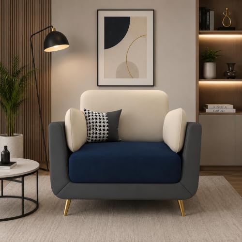 Image of Modern Sofa, 1 Seater with Decorative Cushions, Chesterfield Arm Three Seater for Living Room Guest Room Hotels & Office (1 Blue and Beige)