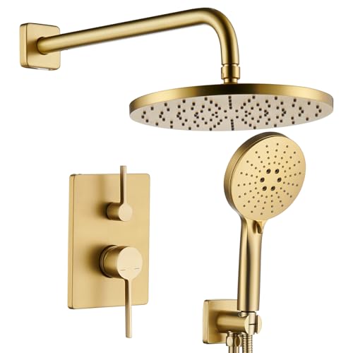 AONEON Bathroom Shower Trim Kit with 10'' High Pressure Rain Shower Head, 3-Function Handheld Spray and Valve Included, Wall Mounted Gold Finish SF001GD-D10 by AONEON - Used condition - CA$108.15