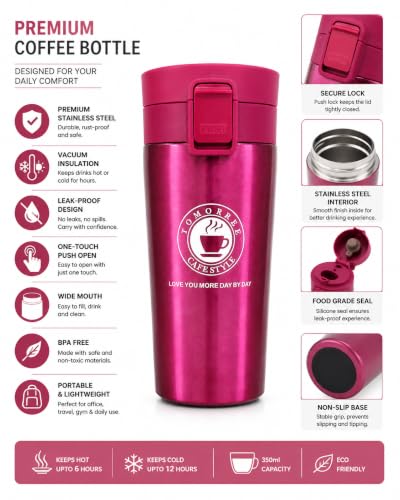 Image of 350ml Stainless Steel Travel Coffee Mug - Double Wall Vacuum Insulated Thermal Tumbler with Leakproof Flip Lid | Hot & Cold Coffee Cup for Office, Travel & Car (Pink)