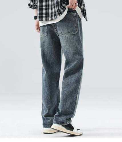 Men Printing Jeans with Pockets Vintage Street Straight Pants Wide Casual Denim Trousers2