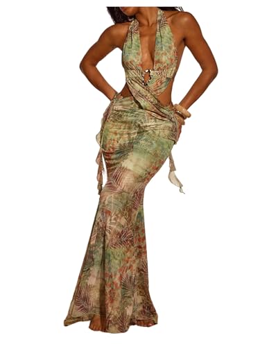 WDIRARA Women's Halter Cut Out Dress Floral Cheetah Print High Slit Dresses