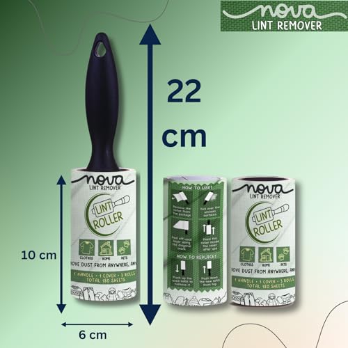NOVA LINT REMOVER Lint Roller For Clothes Pet Hair Fur Remover From Clothes Lint Remover For Clothes Lint Remover Roller With Cover| 3 Refill (10 Cm) X 60 Sheets = 180 Sheets |