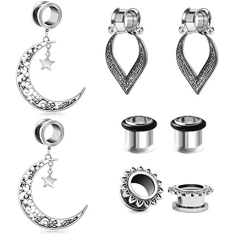 VF VFUN 4 Pairs Dangle Ear Plugs Tunnels Stainless Steel Pendant Ear Gauges Expander Stretcher Ear Piercing Jewelry-10MM Cover