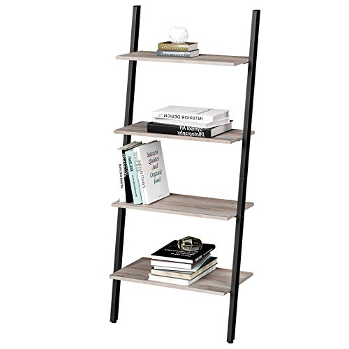 VASAGLE ALINRU Ladder Shelf, 4-Tier Bookshelf, Storage Rack Shelves, for Living Room, Kitchen, Office, Steel, Stable, Sloping, Leaning Against The Wall, Industrial, Greige and Black ULLS043B02