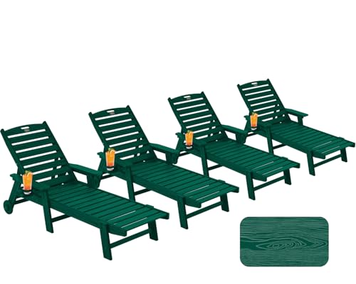 Image of Patio Chaise Lounge Chair Set of 4, Oversize Lounge Chairs with Wood Texture& Rolling Wheels, HDPE 5-Position Plastic Lounge Chairs for Poolside, Patio, Deck, Beach,Green