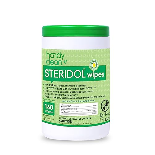 Steridol Wipes Canister, Hard Surface Wipes Multipurpose Cleaning 160 Count Fresh Lemon Scent Industrial Grade For Business Use