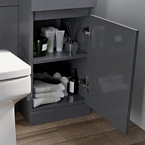 Artis 900mm L Shape Bathroom Vanity Sink Unit Furniture Storage, Right Hand Gloss Grey Vanity Unit + Basin + Ceramic Square Toilet with Concealed Cistern