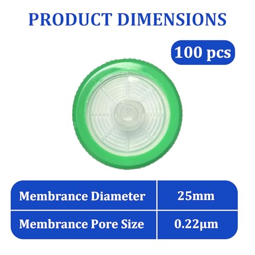 Image of 100 Count Syringe Filter, Nylon Hydrofilic Membrane 25mm Diameter 0.22um Pore Size, Syringe Lab Filters, Non Sterile Filtration (Green) (Pack of 2)