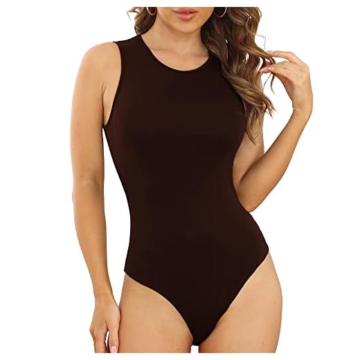 LAOLASI Body feminino básico sem mangas com gola redonda e caimento justo, Café, X-Large