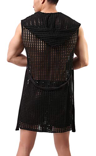 Linemoon Mens Sexy See Through Towel Bath Robe Hooded Mesh Transparent Black Bathrobe, Large #TOP1