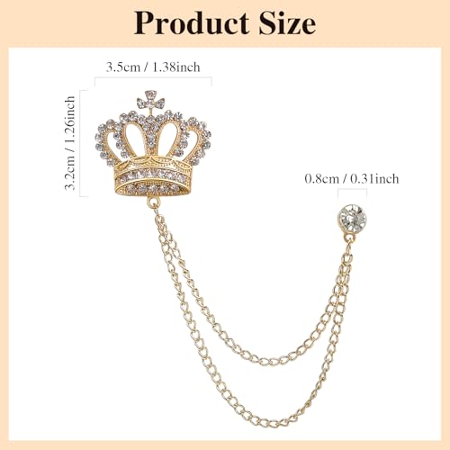 GYGYL 2PCS Crystal Men's Crown Hanging Chain Brooch, Suit Stud Lapel Pin, Vintage Rhinestone Breastpin Wedding Brooch Pin, Gold and Silver by GUYI - Used condition - Image 2
