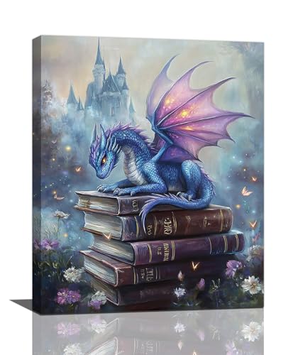 Olivine Dragon Wall Art, Dragon Book Pictures Wall Decor, Book Painting, Blue Canvas Prints,Framed Artwork for Bathroom Bedroom Living Room Library Office Home Decoration 20"x16"
