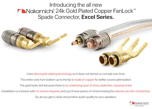 Image of Nakamichi FanLock Excel Series 24k Gold Plated Spade Connector Banana Plug 10 AWG - 18 AWG Gauge Size 4mm for Speakers Amplifier Hi-Fi Home Theatre Wire Cable Quick Connector, 4 Pcs (2-Pairs) | Excel Series, Gauge Size 4mm for Speakers Amplifier Hi-Fi Stereo Radio AV Audio Wire Cable Quick Connector, 4 Pcs (2-Pairs)