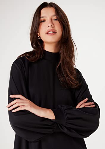 Vestido Curto Gola Alta Com Manga Bufante Preto M