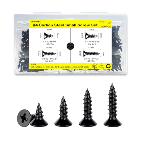 600 pcs Black Wood Screws,M3 Self Tapping Screws,Small Wood Screw Set,Suitable for Furniture, Woodworking, DIY Model Fixing(6mm,8mm,10mm,12mm)
