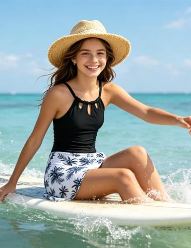 Image of KANGKANG Girls Swimsuit Quick Dry Cut Out One Piece Swimsuits with Tropical Print Cover Up Skirt Bathing Suit Swimwear 7-18Y