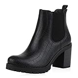 high heels kroko optik  SCARPE VITA Damen Stiefeletten Leicht Gefütterte Chelsea Boots High Heels Leder-Optik Blockabsatz Schuhe Kroko 185809 Schwarz Schwarz Kroko 39