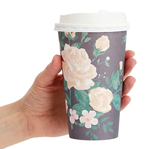 Juvale Floral Paper Coffee Cups with Lids - Disposable Eco-Friendly Paper Cups with Lids for Travel - Party & Bridal Shower Coffee Supplies - 24 Count, 16 Oz, Pastel Assorted by Juvale - Image 8