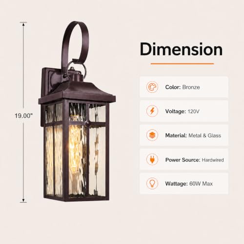 Image of 2 Pack Dusk to Dawn Outdoor Wall Lights, 19 inch Brown | Exterior Wall Mount Light Fixtures with Water Ripple Glass, Waterproof Outside Wall Sconces for Garage Patio Entryway