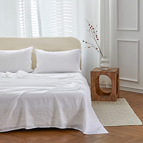 Simple&Opulence 100% Linen Hollow Hemstitch Sheet Set -4 Pieces European Flax Pure Washed Bed Sheets (1 Flat Sheet, 1 Fitted Sheet,2 Pillowcases) -Breathable And Soft (Hemstitch White, King) #TOP5