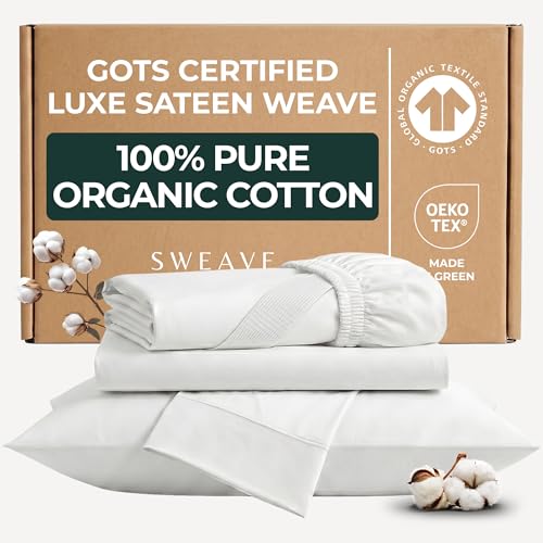 Sweave 100% GOTS Certified Organic Cotton Sheets King Size - Luxurious 415 Thread Count, Oeko-Tex Certified, Silky Sateen Weave with Hemstitch, 16" Deep Pockets, 360 Double-Elastic & 4 Corner Straps