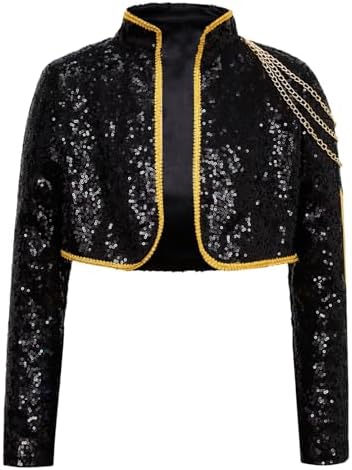 YONGHS Girls Sequin Popular Singer Tops Music Festival Stage Performance Sparkly Dance Crop Jacket Black 6 Years - 2