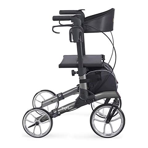 Comodità Tipo Petite Compact Rollator Walker with Seat, Folding Rolling Walkers for Adults and Seniors up to 5’4” Tall, Cup and Cane Holder, Shopping Bag, Large 10" Front Wheels, Metallic Graphite Cover