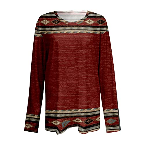 Camiseta feminina de manga comprida, casual, gola redonda, manga comprida, estampa étnica, regular T