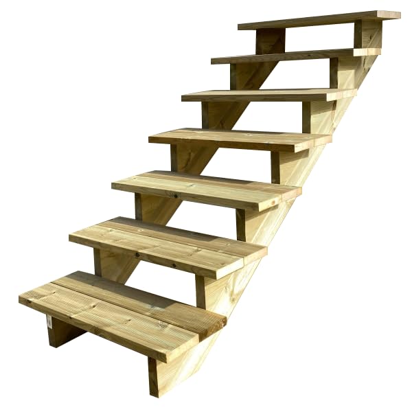 Escalera exterior de madera, de 2 a 7 peldaños, kit listo para usar, de madera, para jardín, balcón y terraza (7peldaños sin contrahuellas,100cm)