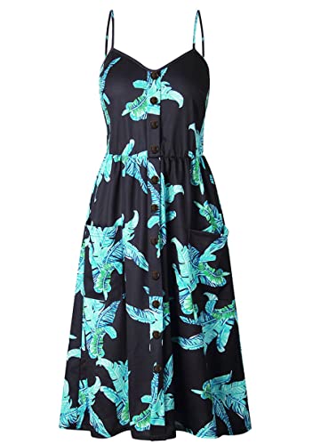 Image of YMING Womens Summer Spaghetti Strap Dresses Button Down Floral Sundress High Waist Swing Midi Dress with Pockets