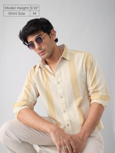 Image of The Souled Store Cotton Linen Stripes: Apricot Men and Boys Long Sleeves Collared Neck Orange Stripes Regular Fit Lightweight Comfortable Summer Cotton Linen Shirts