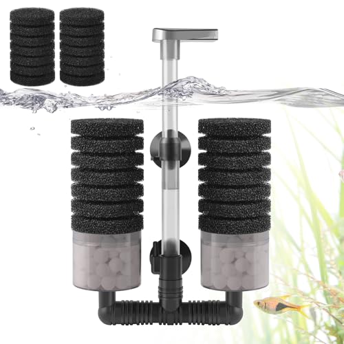 VILLNO Luftbetriebener Aquarium Filter, Aquarium Schwammfilter mit Biochemischem Schwamm und Keramikkugeln, Leiser Innenfilter für 30-120L Süß- und Salzwasser