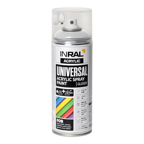 INRAL Sprühlack - Reinweiß glänzend RAL9010 Universal Sprühfarbe 400ml. Spraydose für Metall Kunststoff Holz & Stein - Hochdeckende Regen- und UV-beständige Farbspray für Innen- & Außenbereich