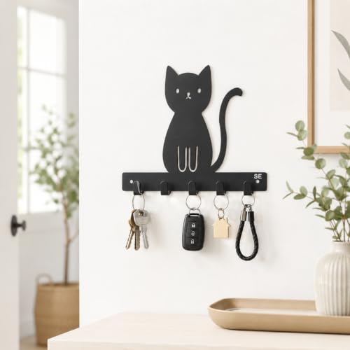 Image of Key Holder for Home, Metal Wall Mounted, 6 Hooks (Big Cat) | Cat Design, Includes Mounting Screws, For Home Use, 6 Hook Hanger, Metal Construction