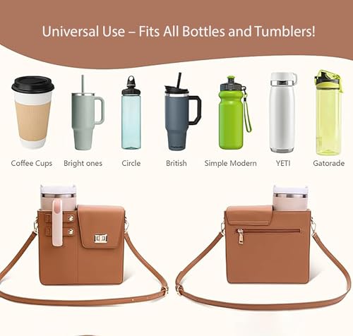 Image of House of Quirk Outdoor Portable Crossbody Tumbler Holder Bag with Purse Compartment - Travel Water Bottle Carrier for Hiking, Walking, Camping (Tan)