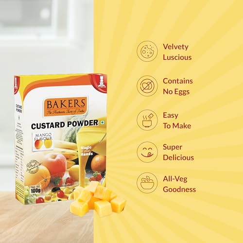 Image of BAKERS Custard Powder | Mango Flavor | (100g x 6, 600g) | Contains No Eggs | Long Shelf Life | Makes Smooth, Creamy, Testy & Juicy Custard | Quick & Easy to Make |Best For Fruit Salads & Puddings