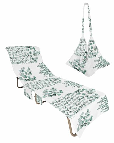 Eucalyptus Leaf Beach Lounge Chair Towel Cover, Soft Chaise Lounge Towel with Side Pockets Patio Pool Chairs Cover for Beach/Pool Sunbathing 29x85 Weeping Teal Botanical Watercolor
