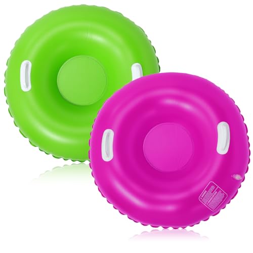 Shappy 2 Pack 36\'\' 40\'\' 47\'\' Snow Tube Inflatable Snow Sleds Heavy Duty Sleds Adults for Winter Outdoor Sports Toboggan with Handles Thickened Bottom(Purple, Green,47 Inch)