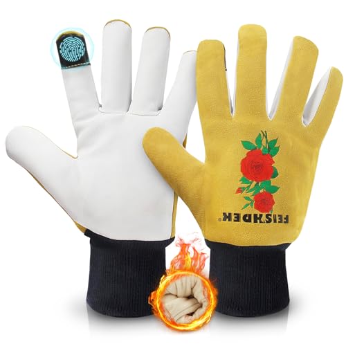 FEISHDEK Winter Gardening Gloves for Women, Deerskin Warm Insulated Garden Work Gloves for Cold Weather, Outdoors, Yard Labor