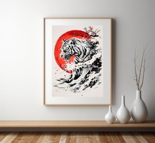 Décoration murale japonaise affiche vague hokusai rouge et noir 50x70