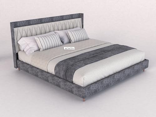 Image of Acacia Modern Upholstered King Size Bed for Bedroom | Wooden Double Bed | Platform Cot Bed with Upholstery Premium Fabric | 6.5 x 6 Ft | Sheesham Solid Wood, Rosewood, Greydust