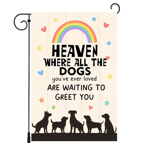 Pet Dog Memorial Garden Flag Heaven Where All The Dogs Garden Flag Pet Bereavement Yard Sign Rainbow Dog Memorial Banner - 12x18 Inch Double Sided Burlap