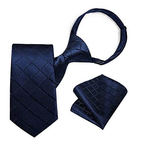 DiBanGu Navy Blue Plaid Ties for Kids,Boys Blue Necktie and Pocket Square Set Adjustable Pre-tied Necktie for Kids Formal Wedding Graduation School Uniforms