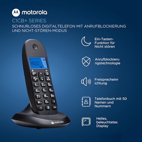 Motorola C1001CB+ – Digitales DECT-Schnurlostelefon – Anrufblockierungsmodus, Anrufer-ID, Freisprecheinrichtung, Telefonbuch mit 50 Nummern, hintergrundbeleuchteter Bildschirm – Schwarz