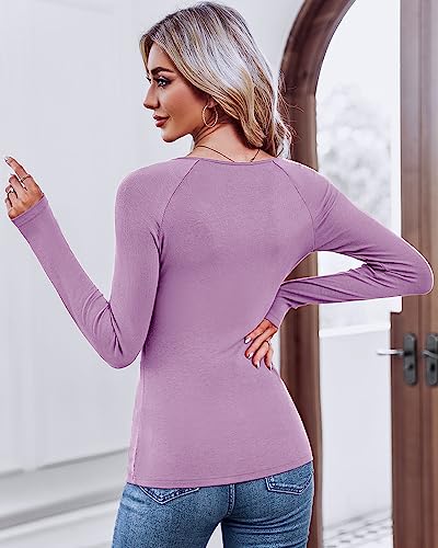 Remikstyt Womens Long Sleeve Henley Shirts Ribbed Button Down Casual Tunic Tops Purple #TOP3